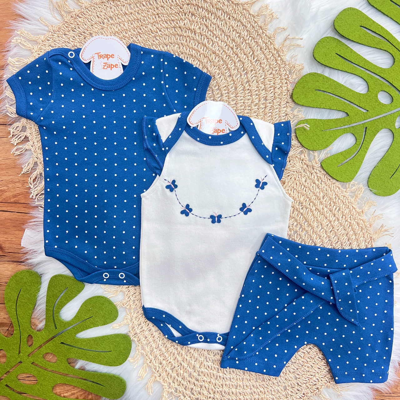 Conj. de Malha 3 peças - Borboletas com Poá - Azul e Off White